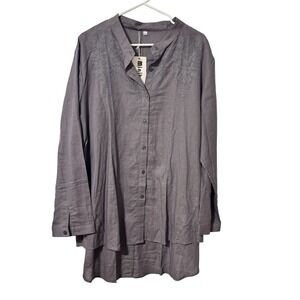 Minibee Womens embroidered tunic top long sleeve‎ button front grey XL Lagenlook